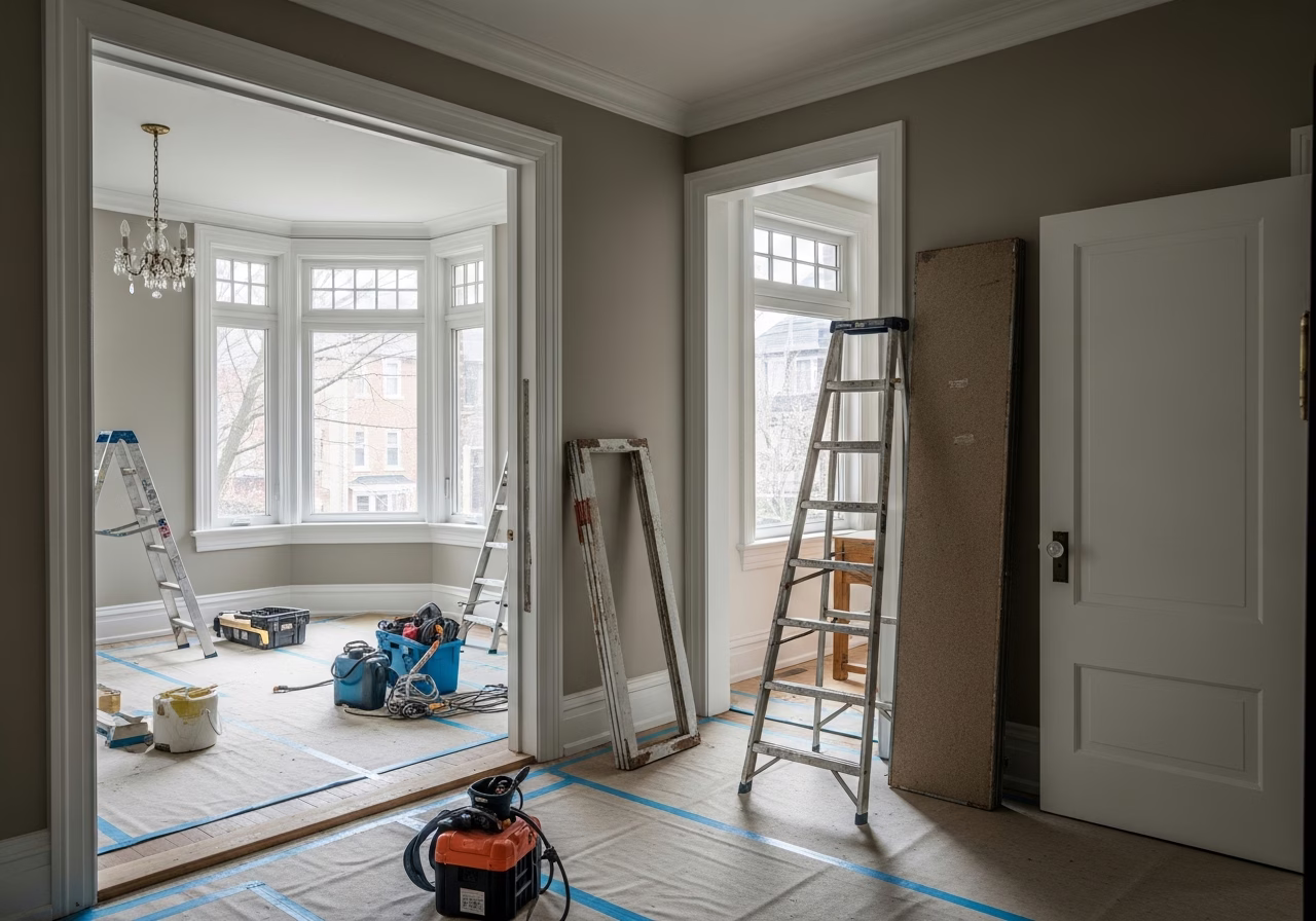 Mirror and Sliding Closet Doors — tools and materials staged in a Greater Toronto Area home