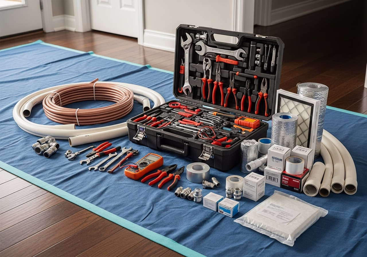 Mitsubishi vs Daikin vs Lennox — tools and materials staged in a Greater Toronto Area home