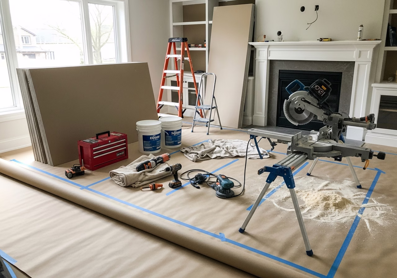 Mudroom — tools and materials staged in a Greater Toronto Area home