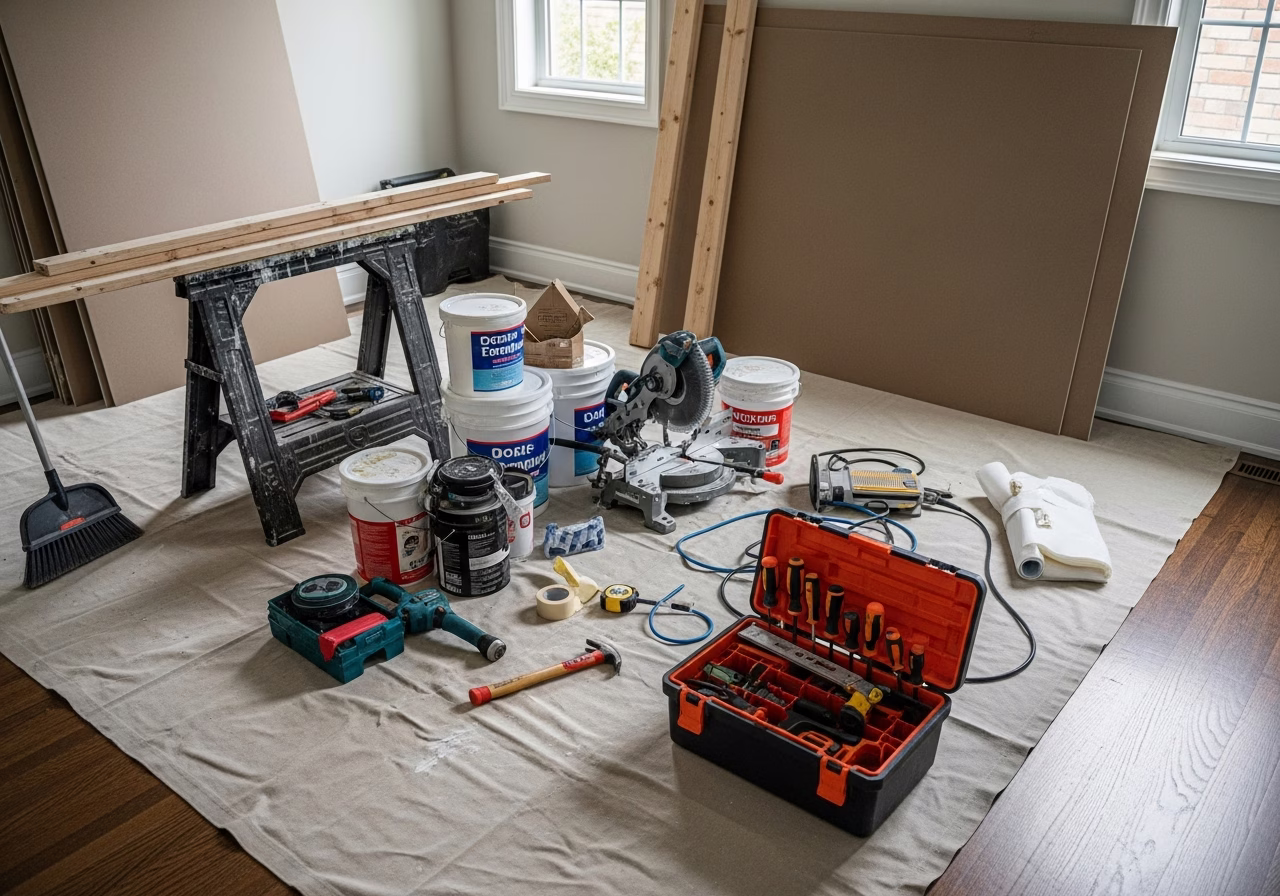 Mudroom vs Foyer vs Entry — tools and materials staged in a Greater Toronto Area home