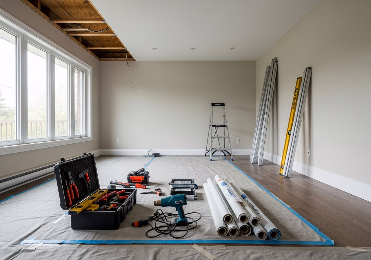 Multi-Level Stretch Ceilings — tools and materials staged in a Greater Toronto Area home