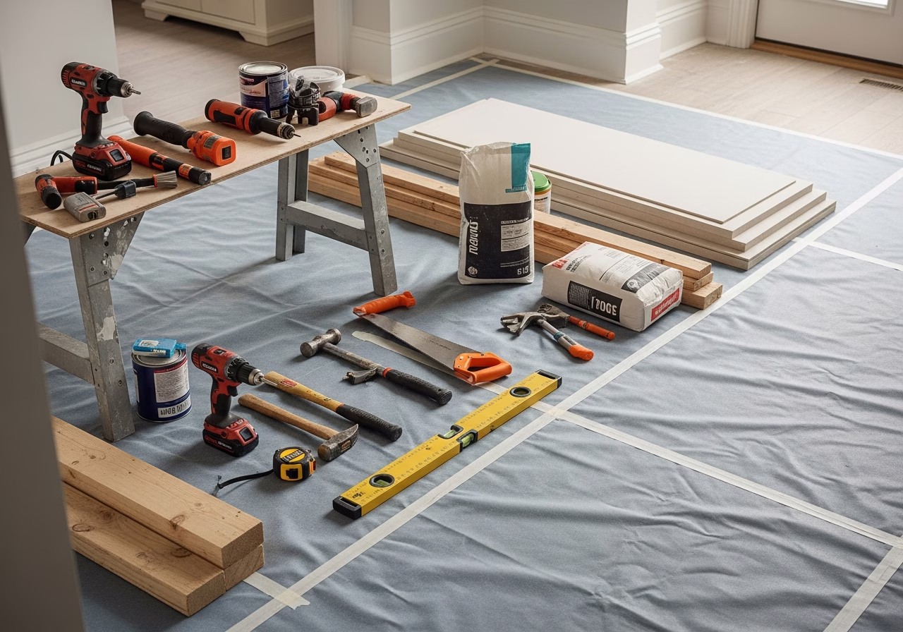Murphy Bed Mechanism — tools and materials staged in a Greater Toronto Area home