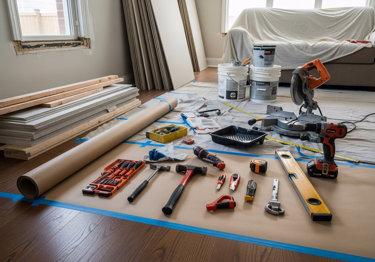 Murphy Bed with Sofa Combo — tools and materials staged in a Greater Toronto Area home