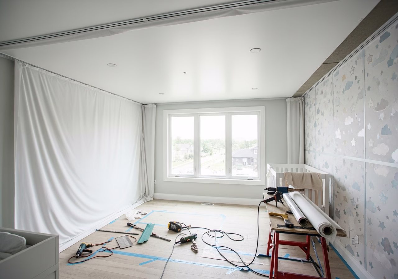 Nursery Stretch Ceiling — tools and materials staged in a Greater Toronto Area home