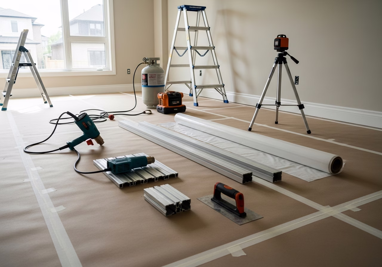 OBC 9.10 Fire Code and Stretch Ceilings — tools and materials staged in a Greater Toronto Area home