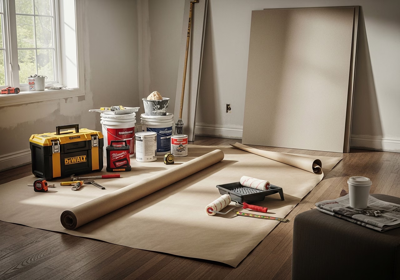 Open-Concept Kitchen-Living Renovation — tools and materials staged in a Greater Toronto Area home