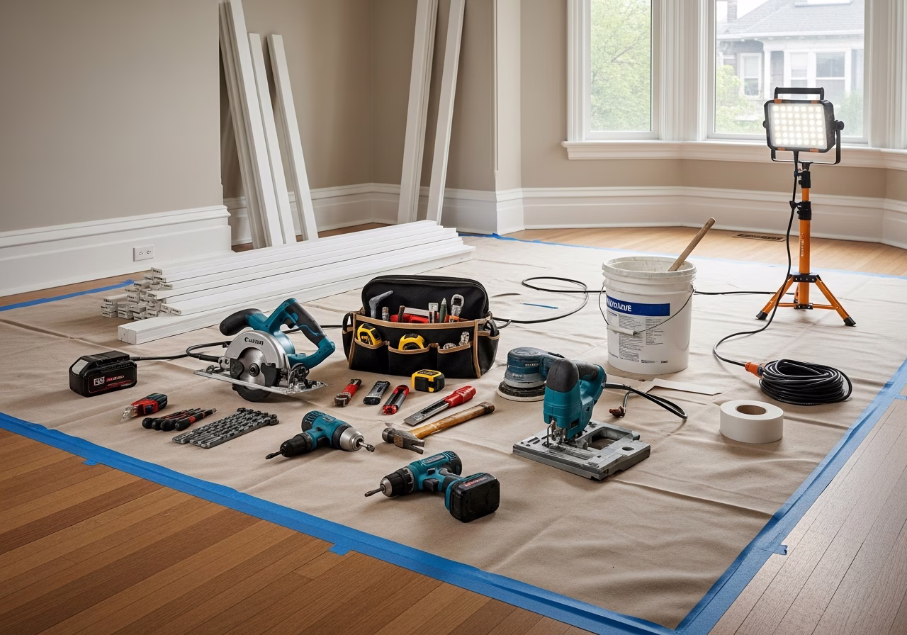 Painted vs Stained Built-Ins — tools and materials staged in a Greater Toronto Area home