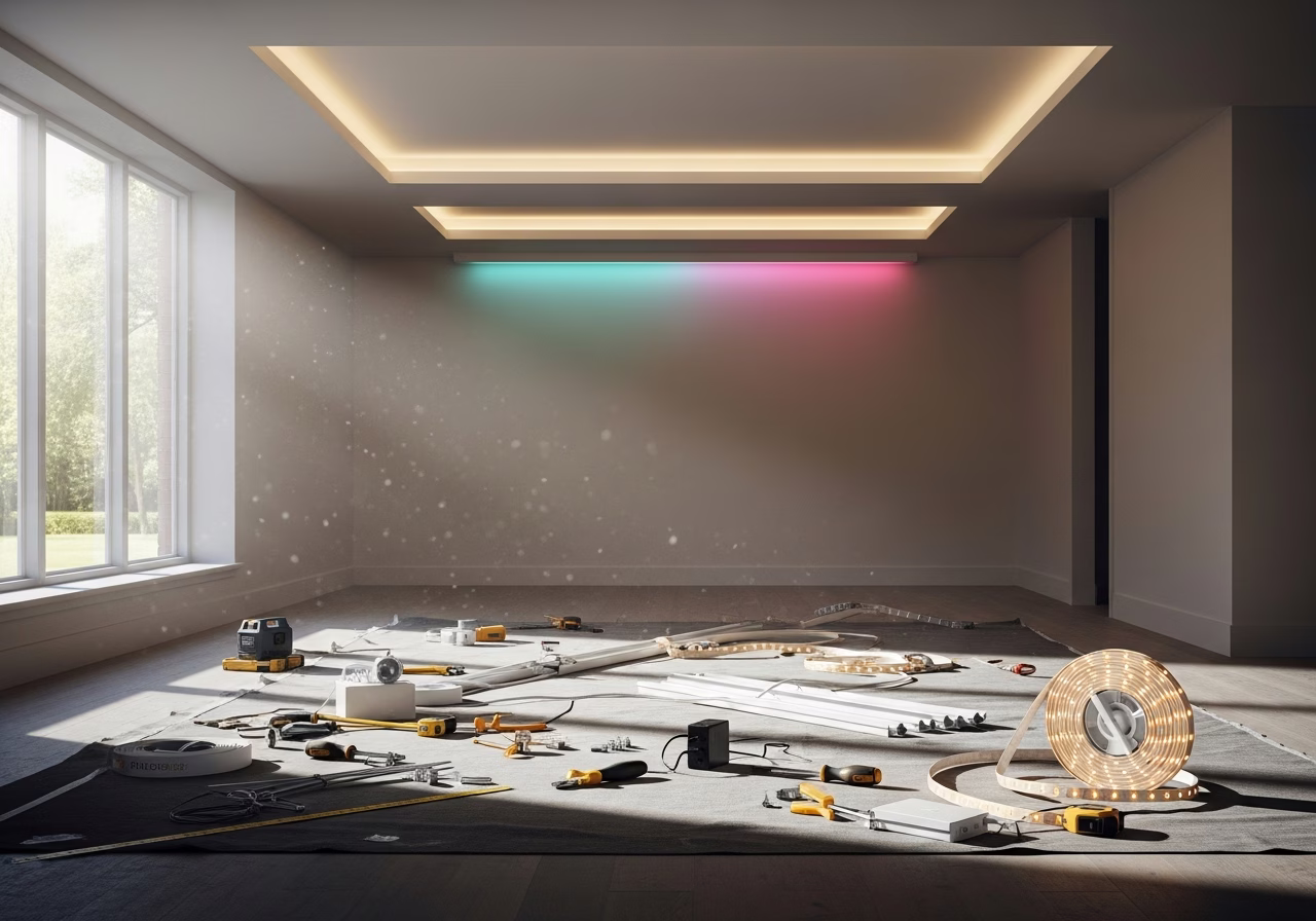 Philips Hue Stretch Ceiling RGB — tools and materials staged in a Greater Toronto Area home