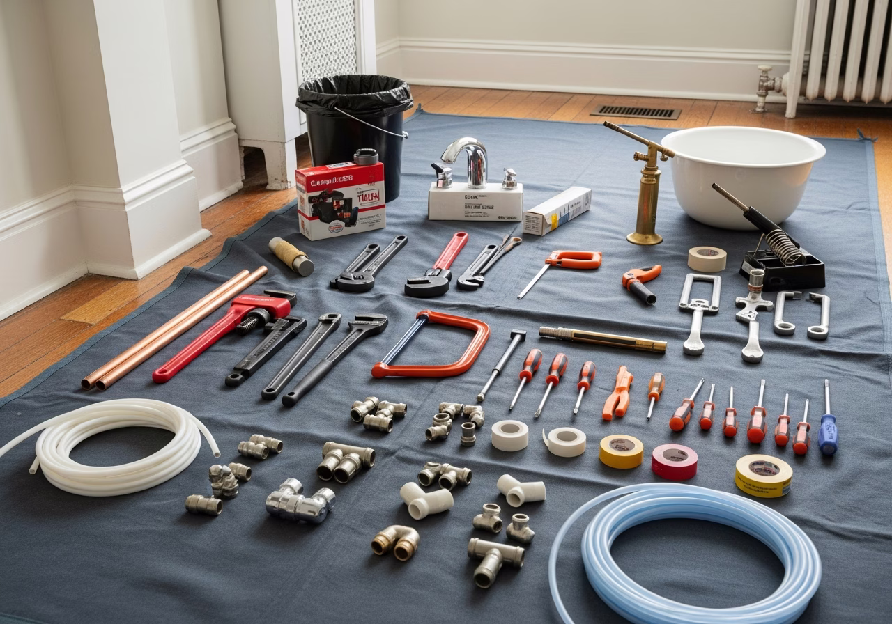 Plumbing — tools and materials staged in a Greater Toronto Area home