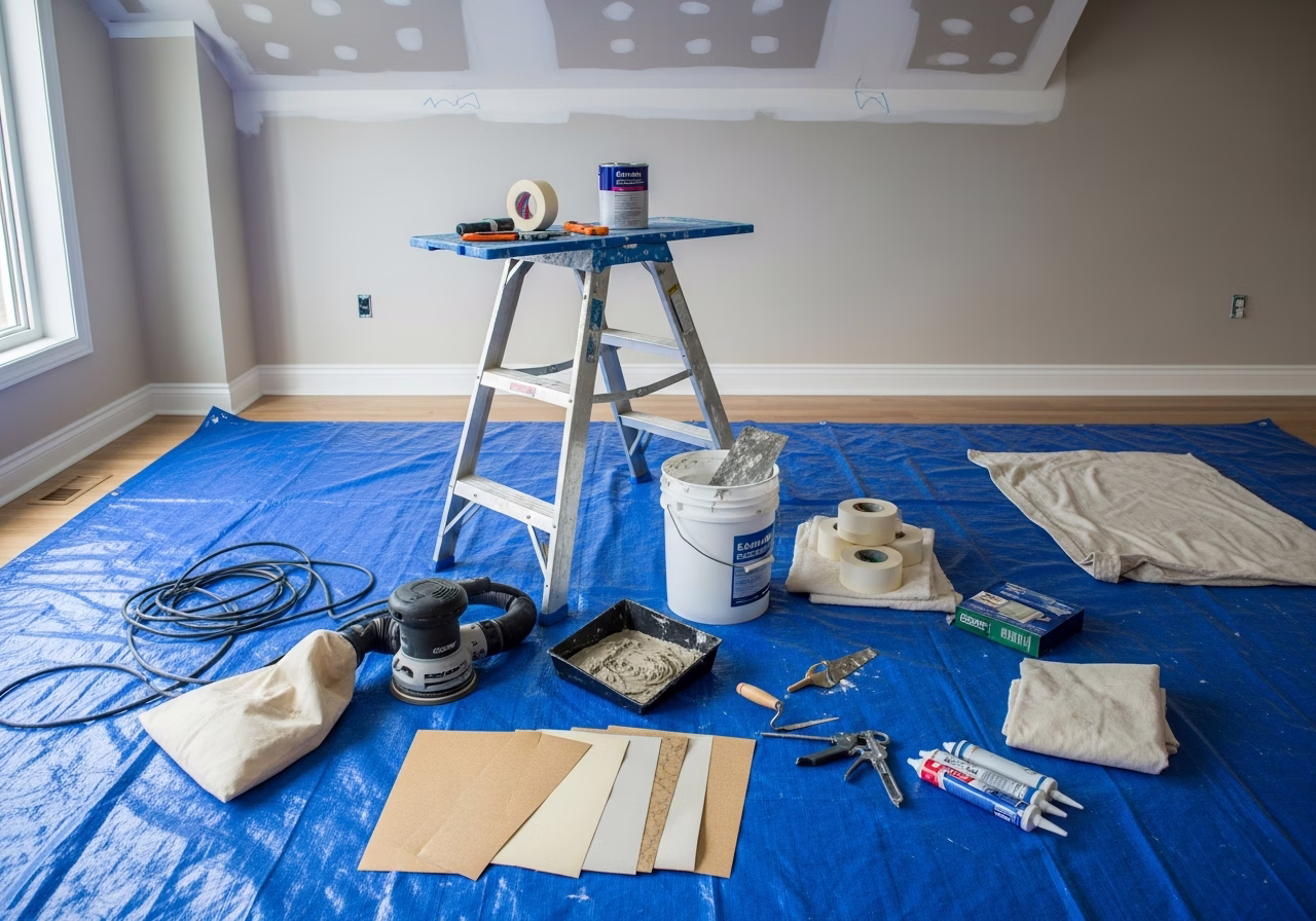 Popcorn Ceiling Removal — tools and materials staged in a Greater Toronto Area home