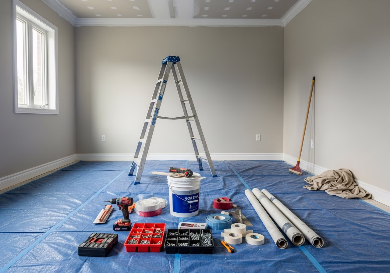 Popcorn Ceiling Removal — tools and materials staged in a Greater Toronto Area home