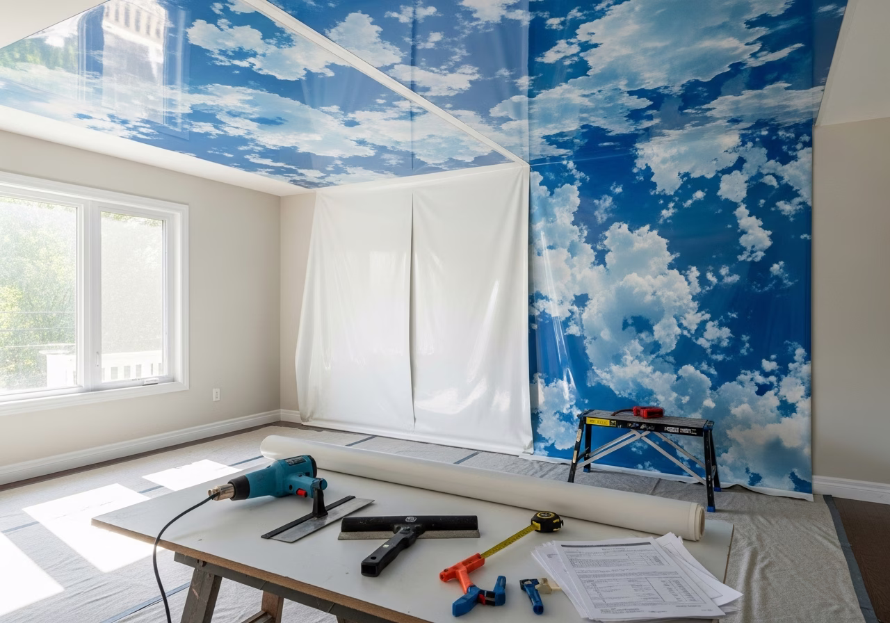Printed Stretch Ceiling — tools and materials staged in a Greater Toronto Area home