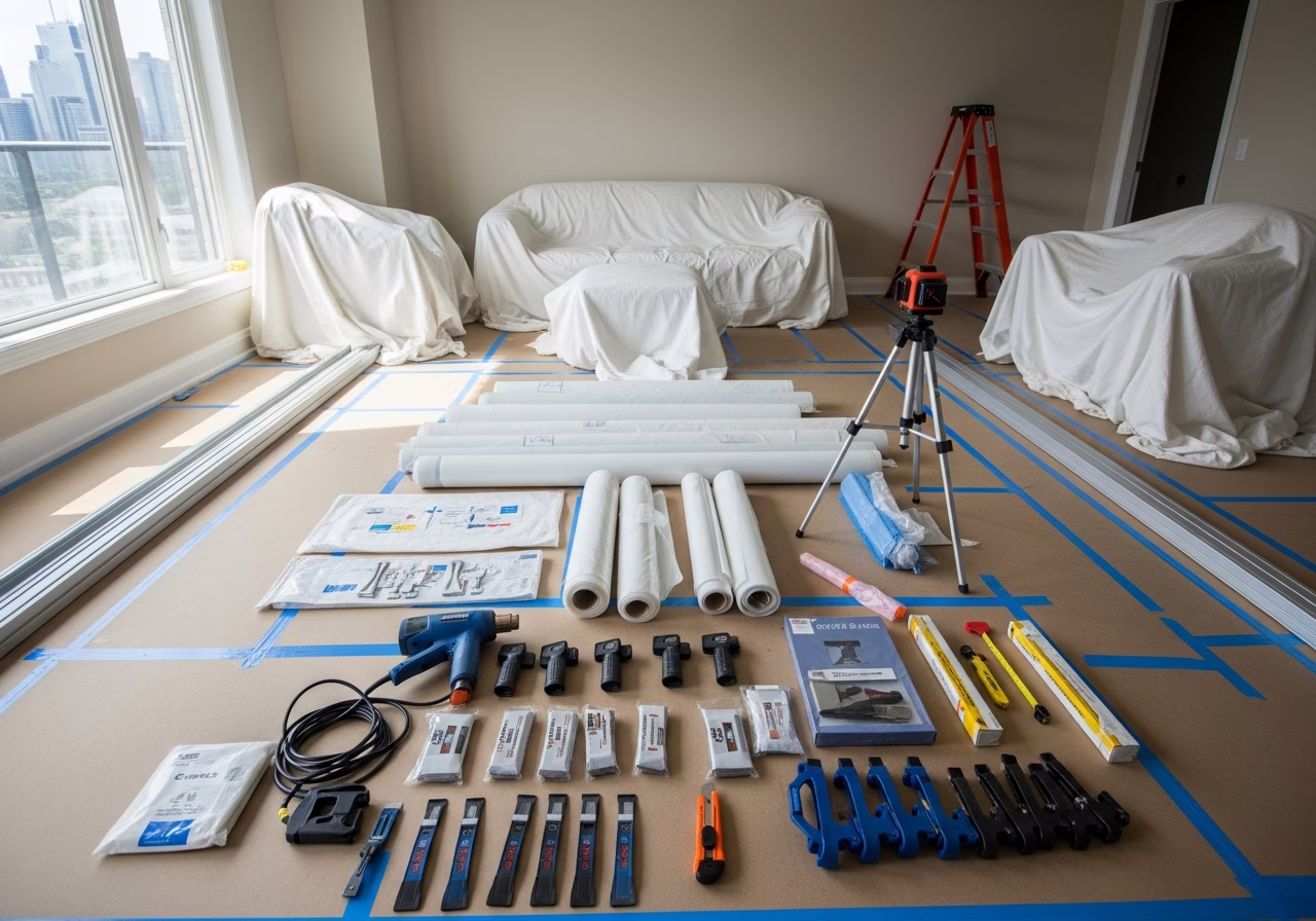 PVC vs Fabric Stretch Ceiling — tools and materials staged in a Greater Toronto Area home