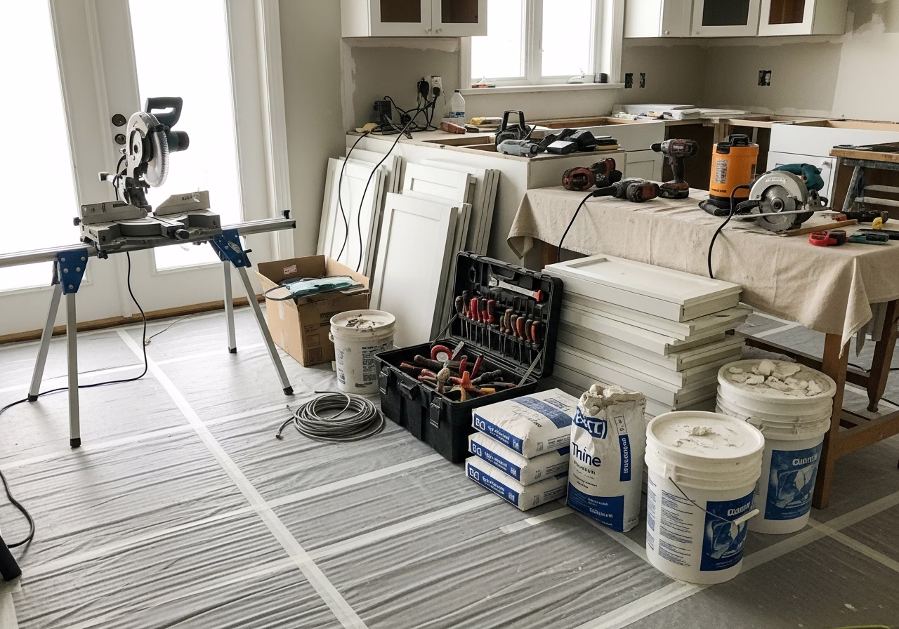 Quartz vs Granite Countertops — tools and materials staged in a Greater Toronto Area home