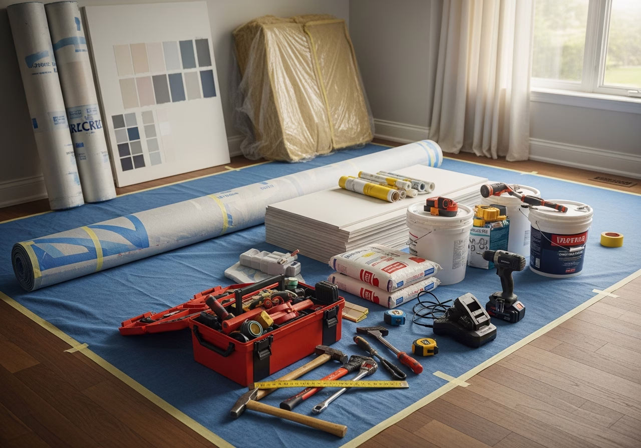 Radon During Basement Finishing — tools and materials staged in a Greater Toronto Area home