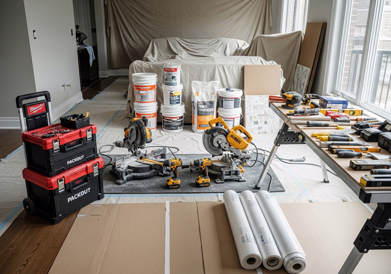Radon Mitigation System — tools and materials staged in a Greater Toronto Area home