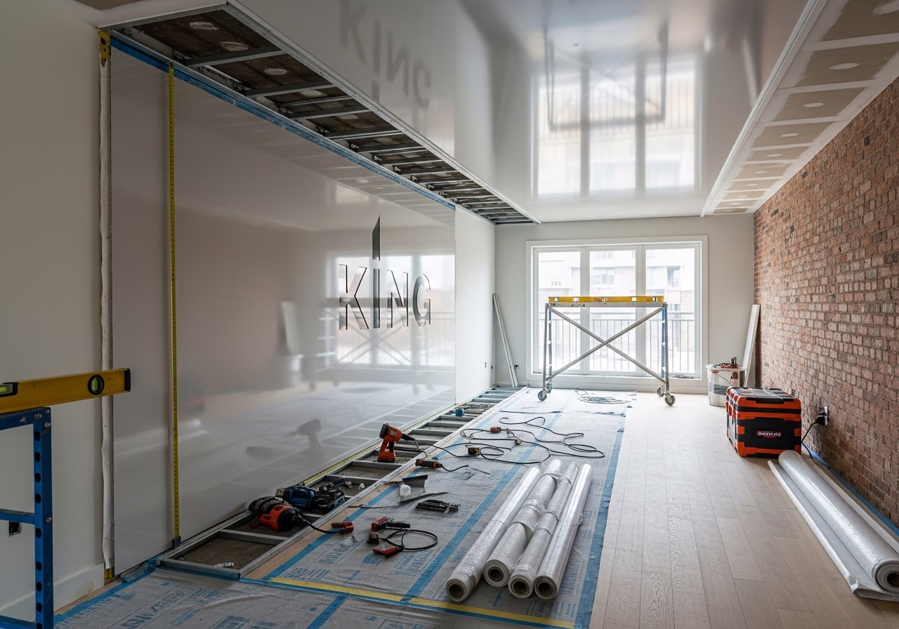 Restaurant and Commercial Stretch Ceiling — tools and materials staged in a Greater Toronto Area home