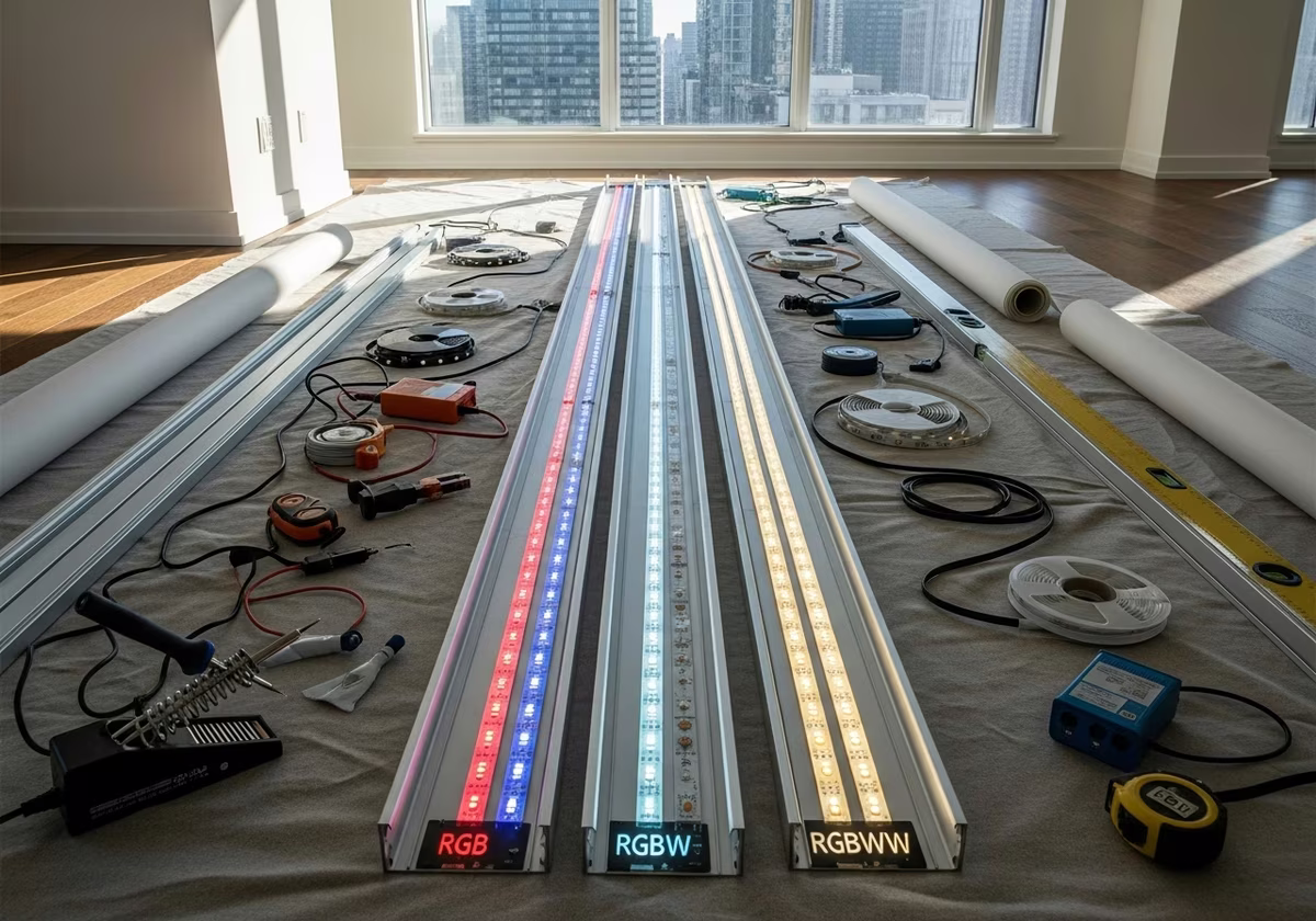 RGB vs RGBW vs RGBWW for Stretch Ceiling LED — tools and materials staged in a Greater Toronto Area home