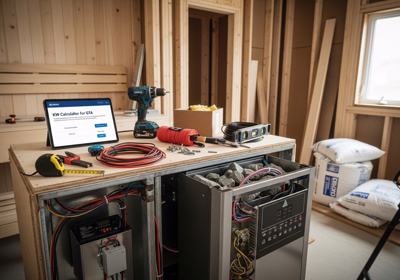 Sizing Your Sauna Heater — tools and materials staged in a Greater Toronto Area home
