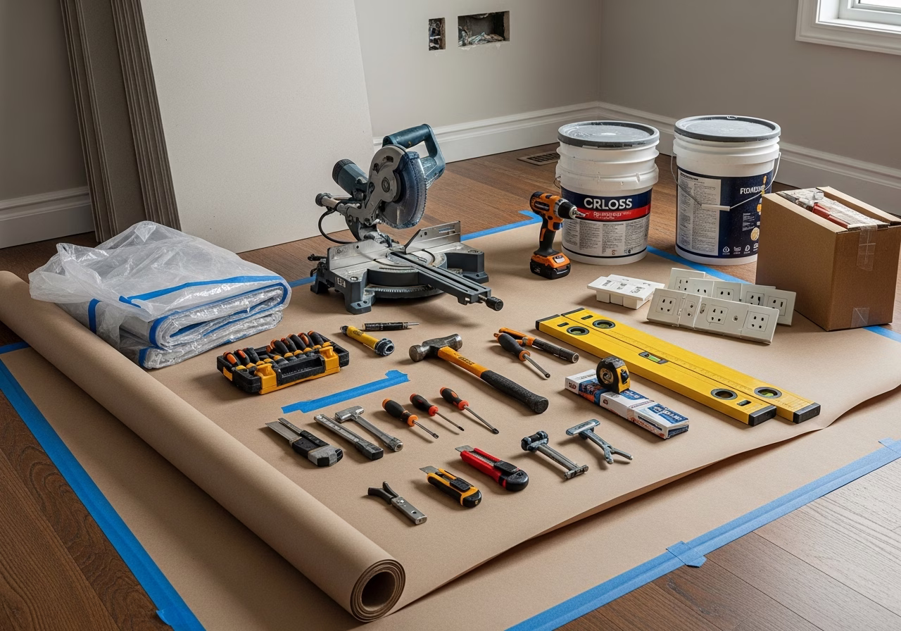 Scratch-Resistant Flooring for Pets — tools and materials staged in a Greater Toronto Area home