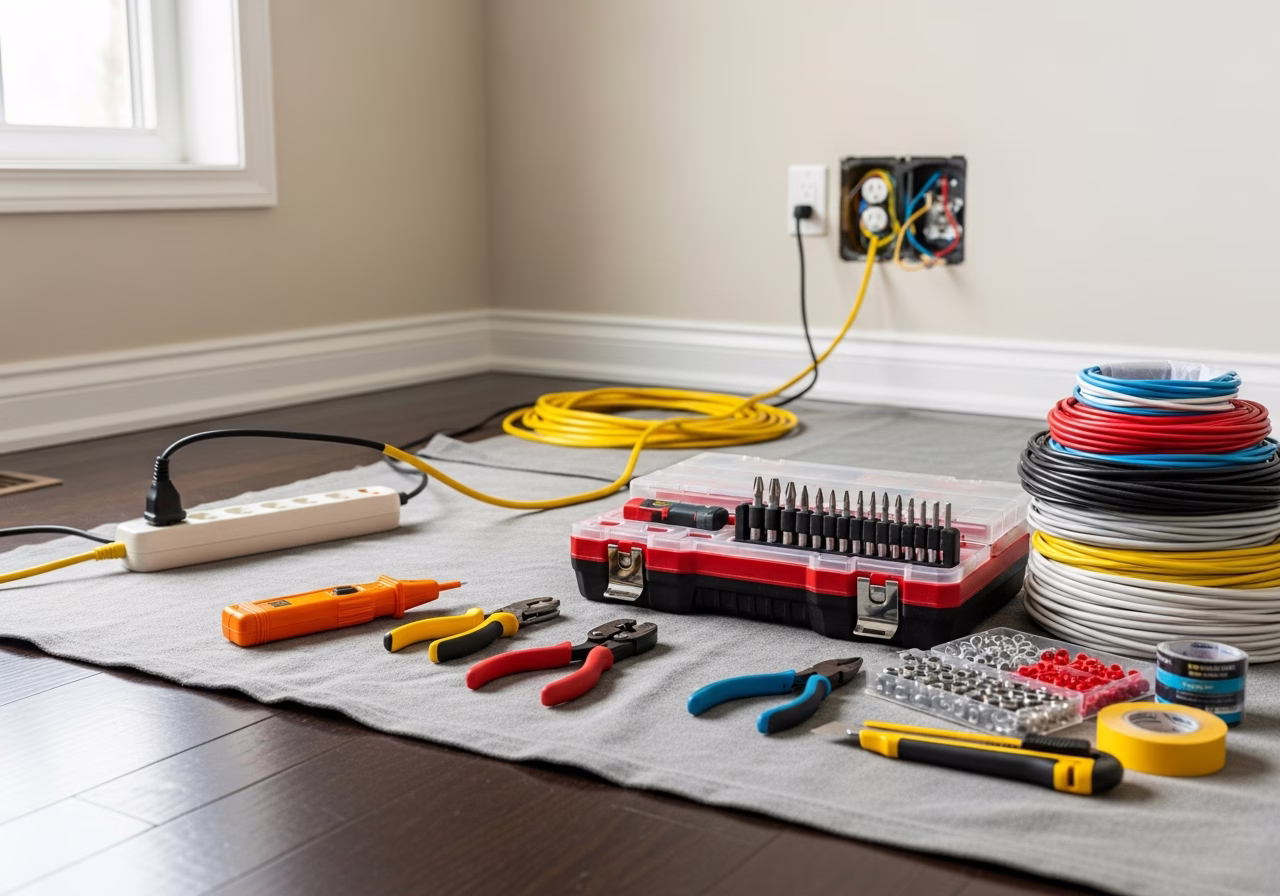 Service Upgrade Electrician in Caledon — tools and materials staged in a Greater Toronto Area home