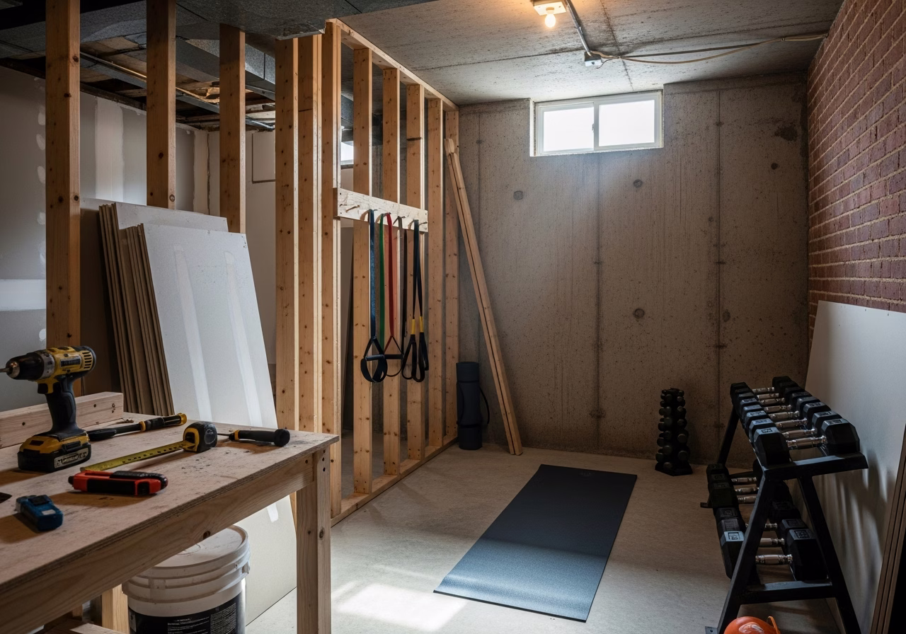 Small Space Home Gym — tools and materials staged in a Greater Toronto Area home