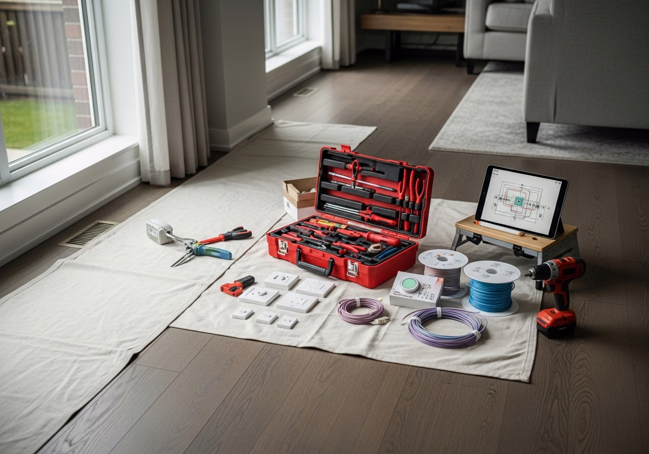 Smart Light Switches Installation — tools and materials staged in a Greater Toronto Area home