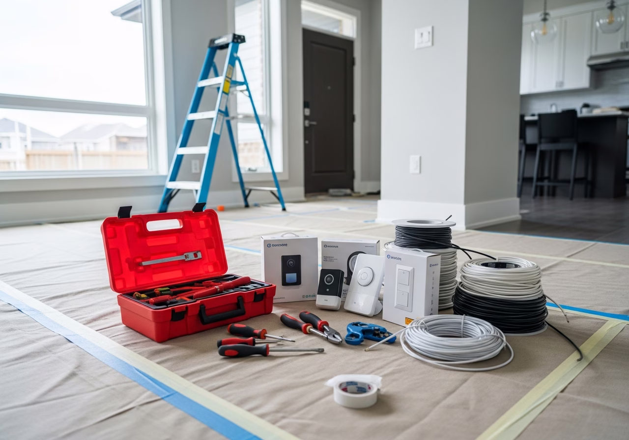 Smart Locks for Front Door — tools and materials staged in a Greater Toronto Area home
