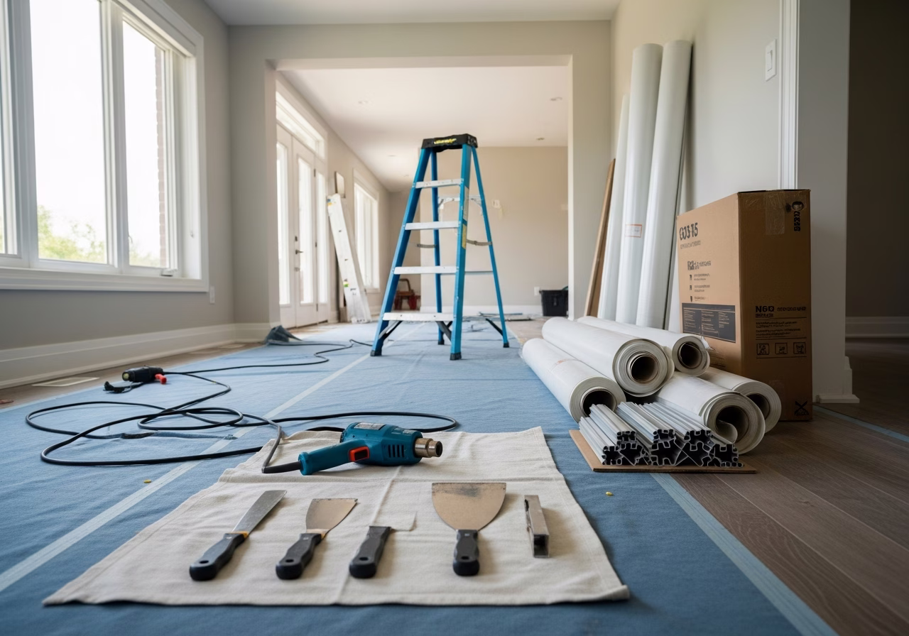 Star Sky Ceiling for the Toronto Home Theatre — tools and materials staged in a Greater Toronto Area home