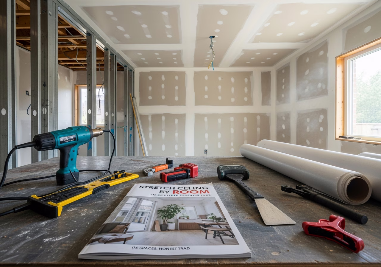 Stretch Ceiling by Room — tools and materials staged in a Greater Toronto Area home