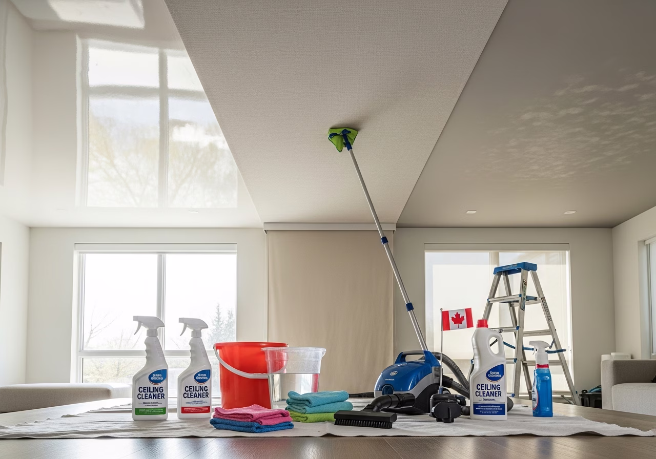 Cleaning and Maintain a Stretch Ceiling — tools and materials staged in a Greater Toronto Area home