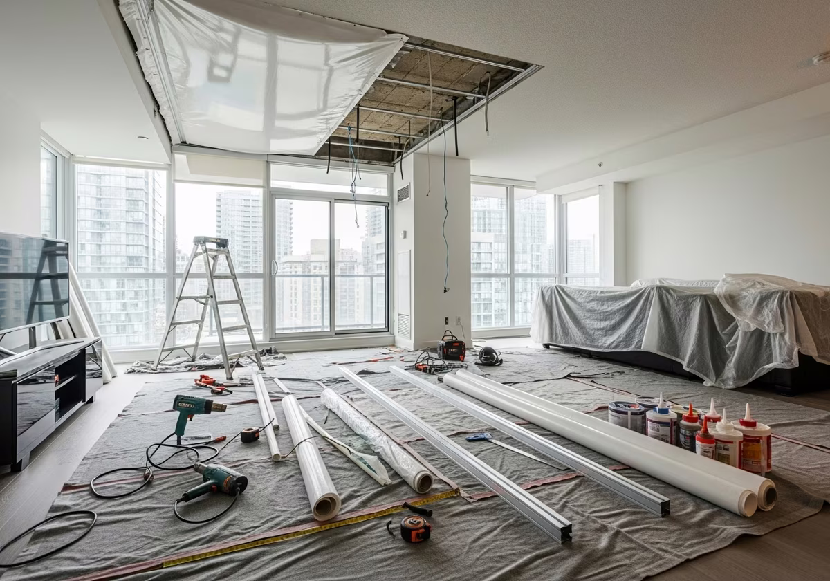 Stretch Ceiling Condo Board Approval — tools and materials staged in a Greater Toronto Area home