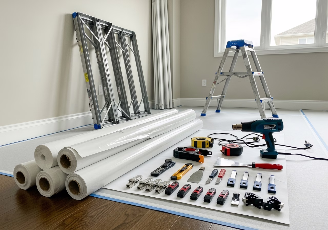 Stretch Ceiling Cost and Brands — tools and materials staged in a Greater Toronto Area home