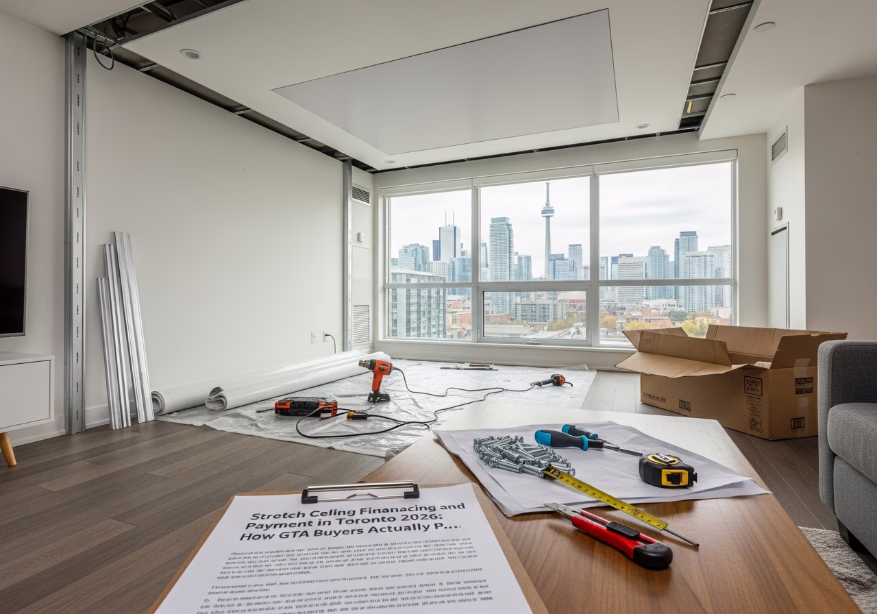 Stretch Ceiling Financing and Payment — tools and materials staged in a Greater Toronto Area home