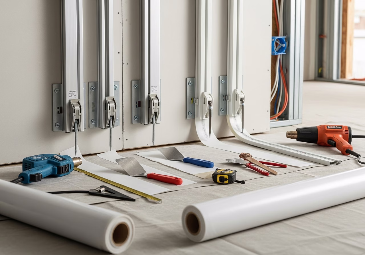 Stretch Ceiling Harpoon Track — tools and materials staged in a Greater Toronto Area home