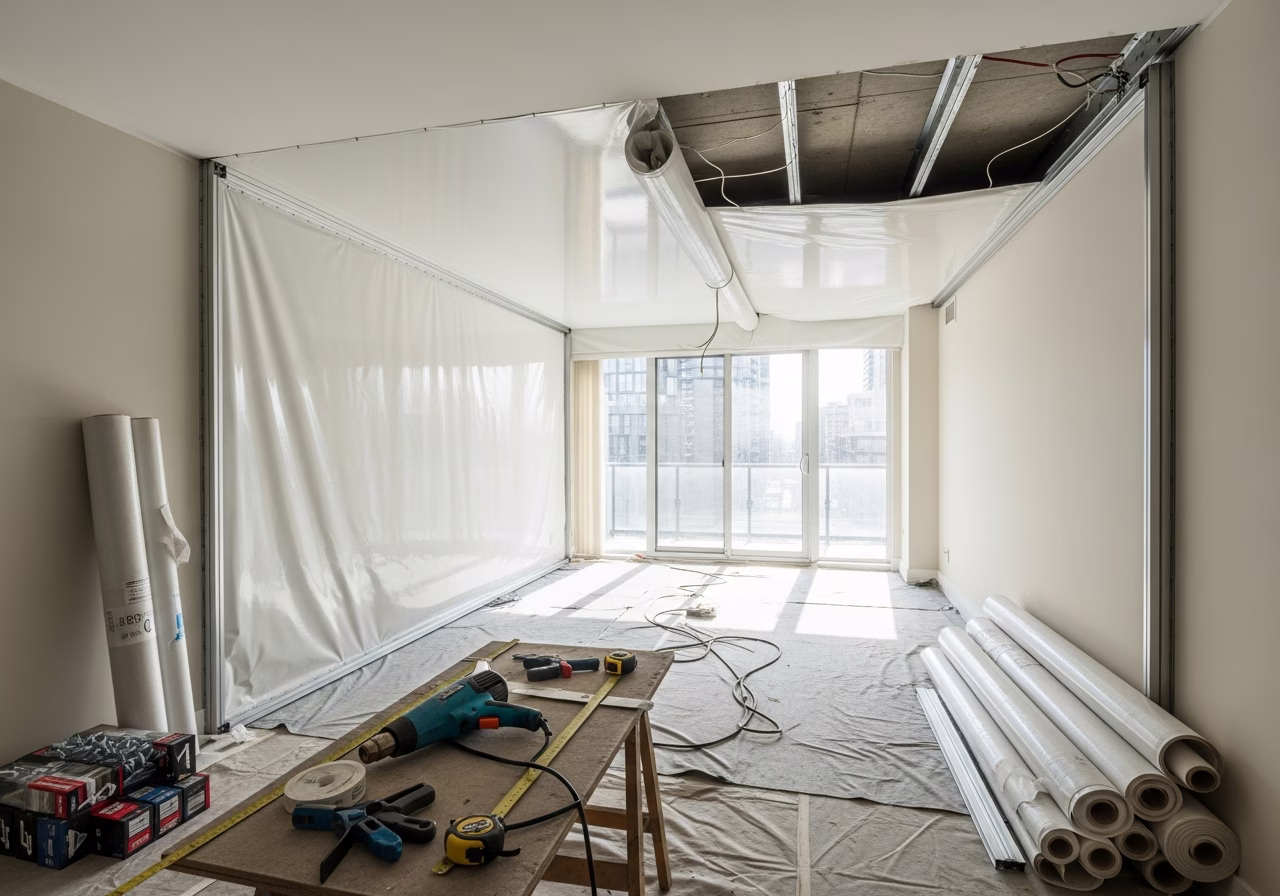 How a Stretch Ceiling Is Installed — tools and materials staged in a Greater Toronto Area home