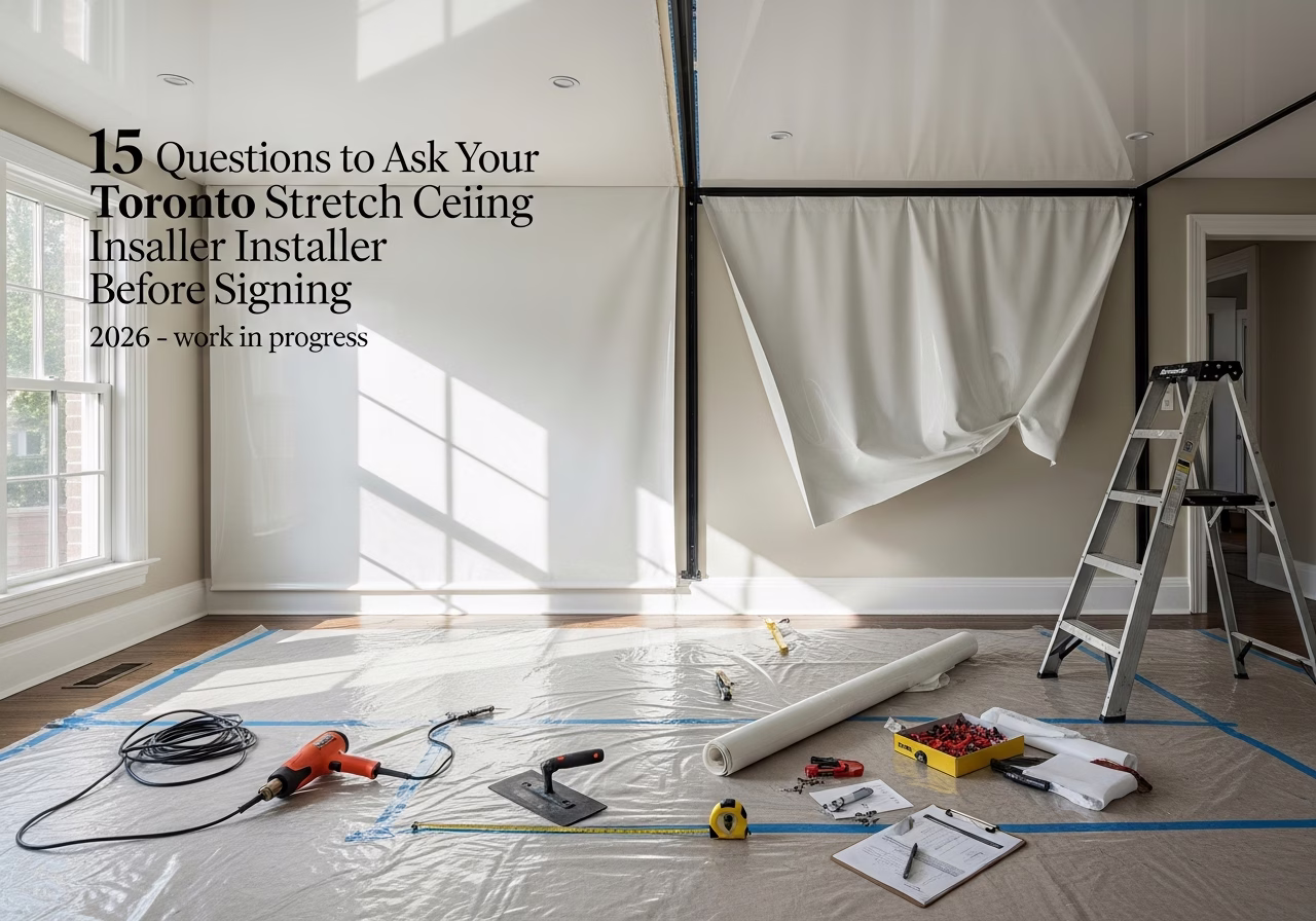 Questions to Ask Your Toronto Stretch Ceiling Installer — tools and materials staged in a Greater Toronto Area home