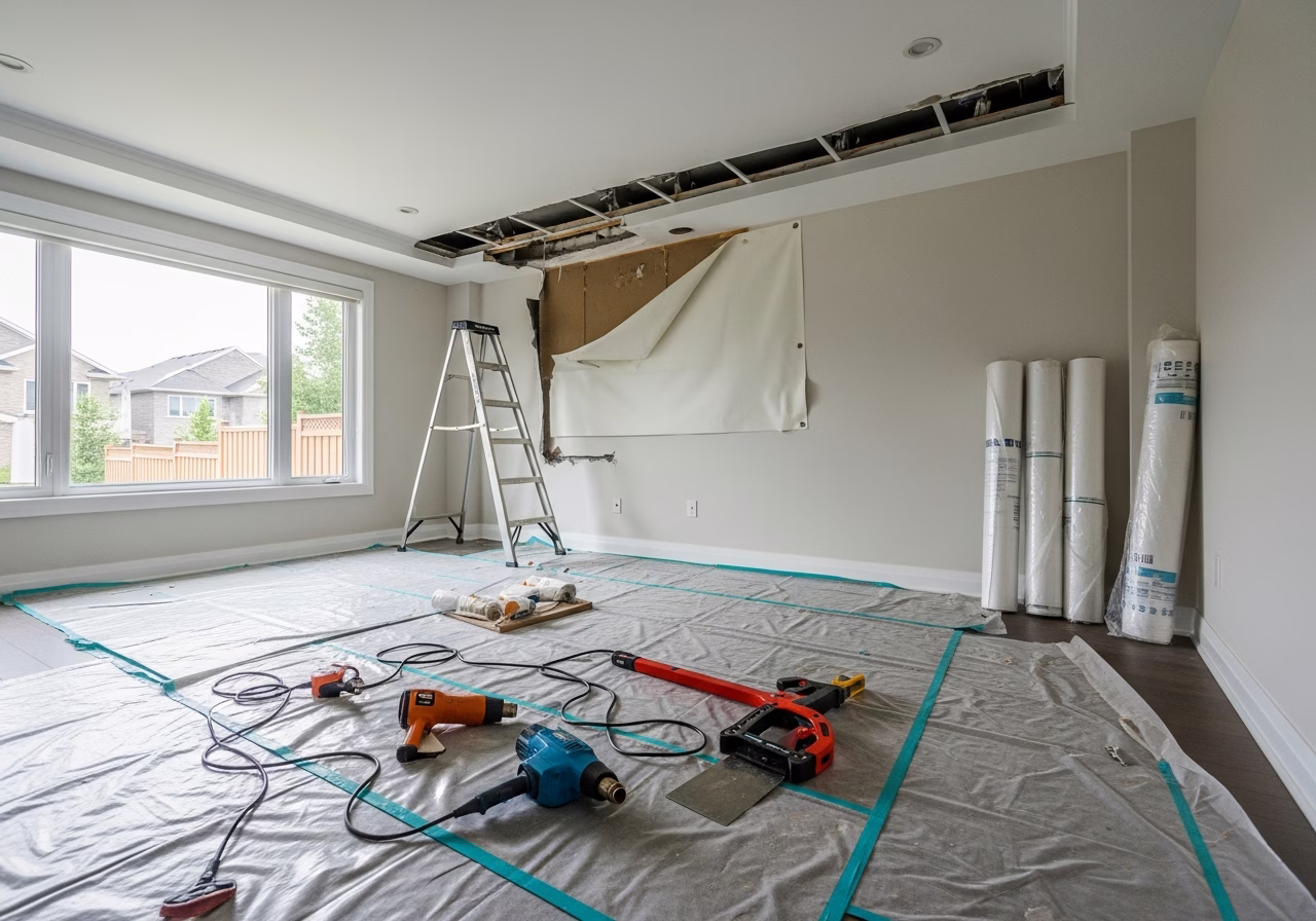 Stretch Ceiling Removal and Replacement — tools and materials staged in a Greater Toronto Area home