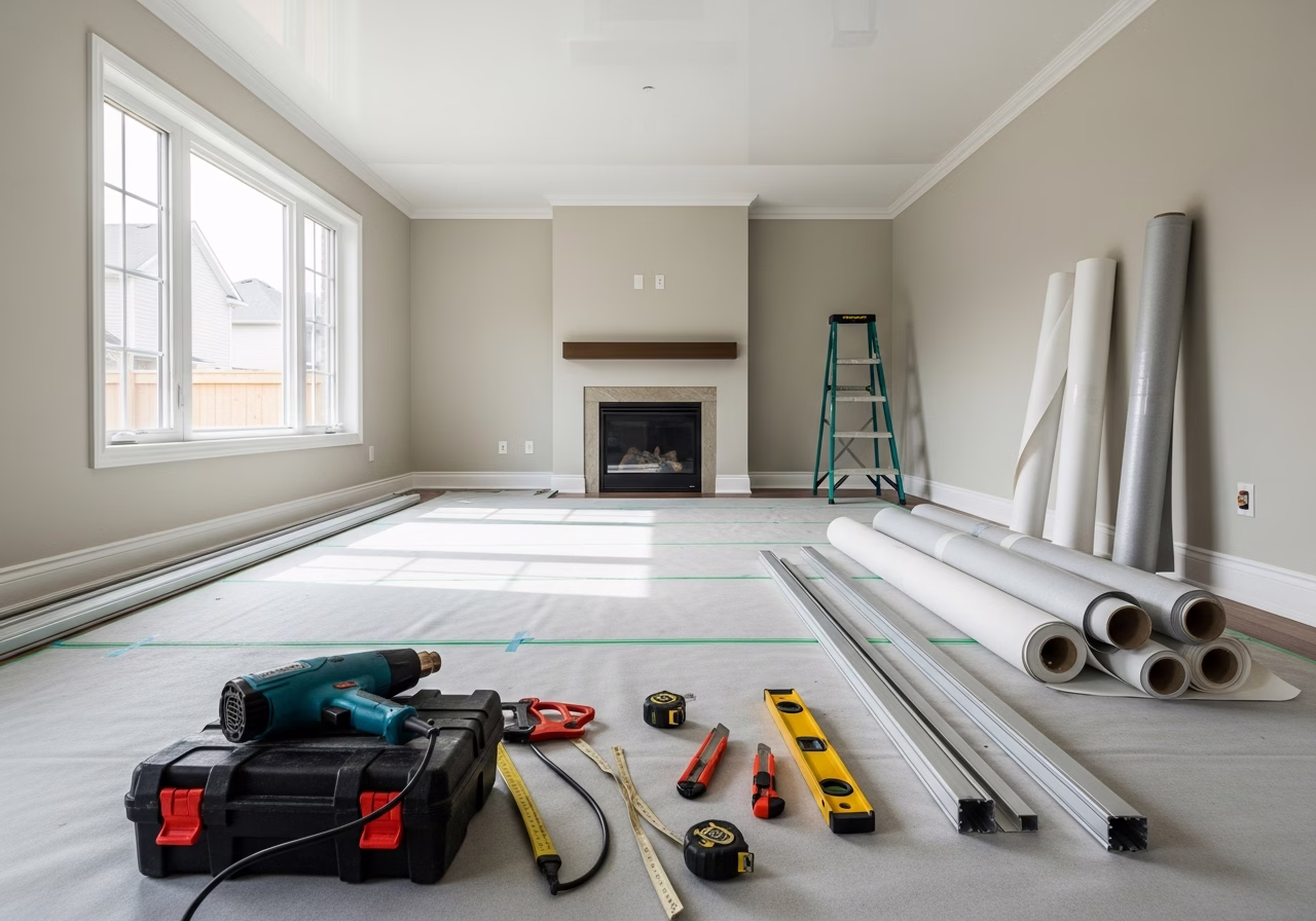 Stretch Ceiling Thickness — tools and materials staged in a Greater Toronto Area home