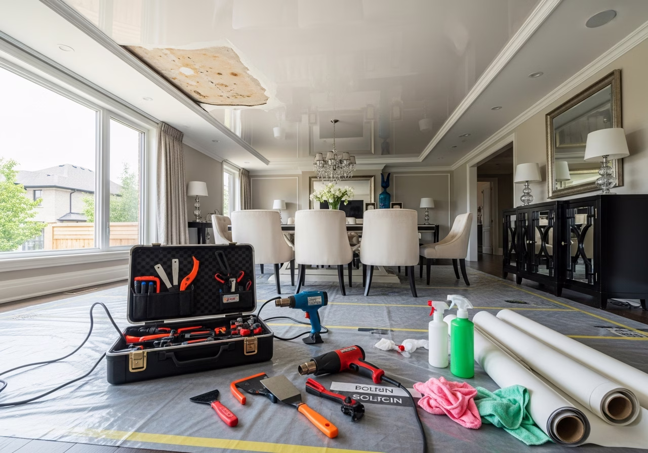 Stretch Ceiling Troubleshooting — tools and materials staged in a Greater Toronto Area home
