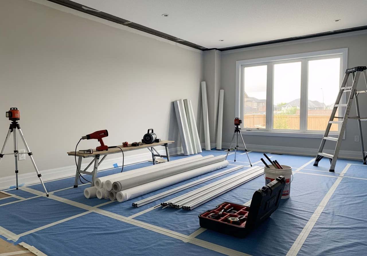 Stretch Ceiling vs Drywall — tools and materials staged in a Greater Toronto Area home