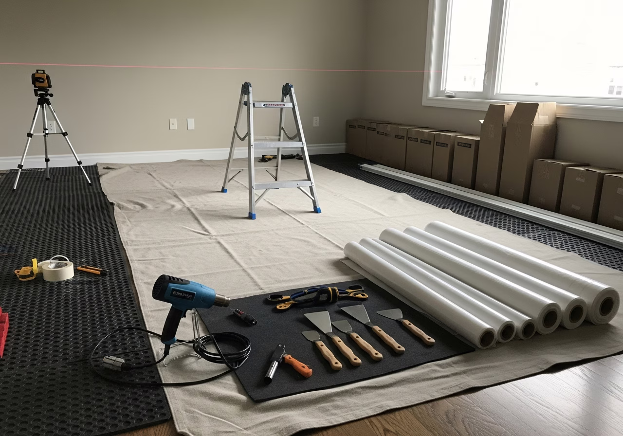 Stretch Ceiling Warranty — tools and materials staged in a Greater Toronto Area home