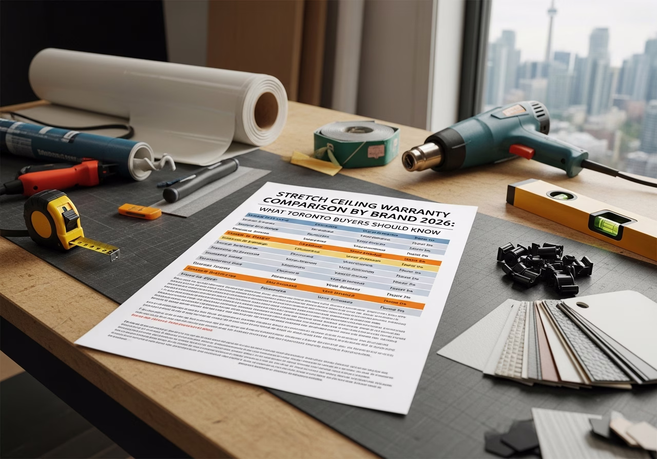 Stretch Ceiling Warranty Comparison by Brand — tools and materials staged in a Greater Toronto Area home