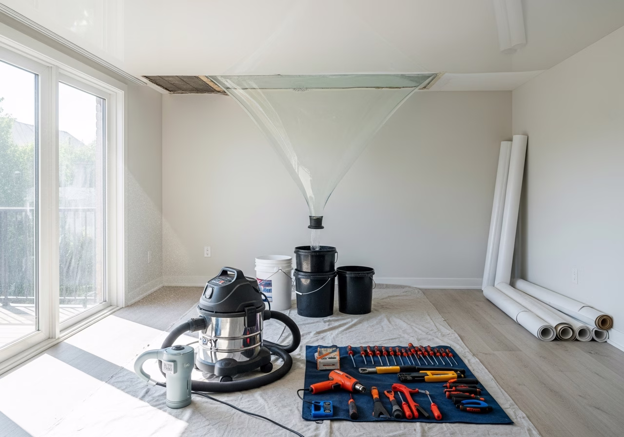 Stretch Ceiling Water Damage Recovery — tools and materials staged in a Greater Toronto Area home