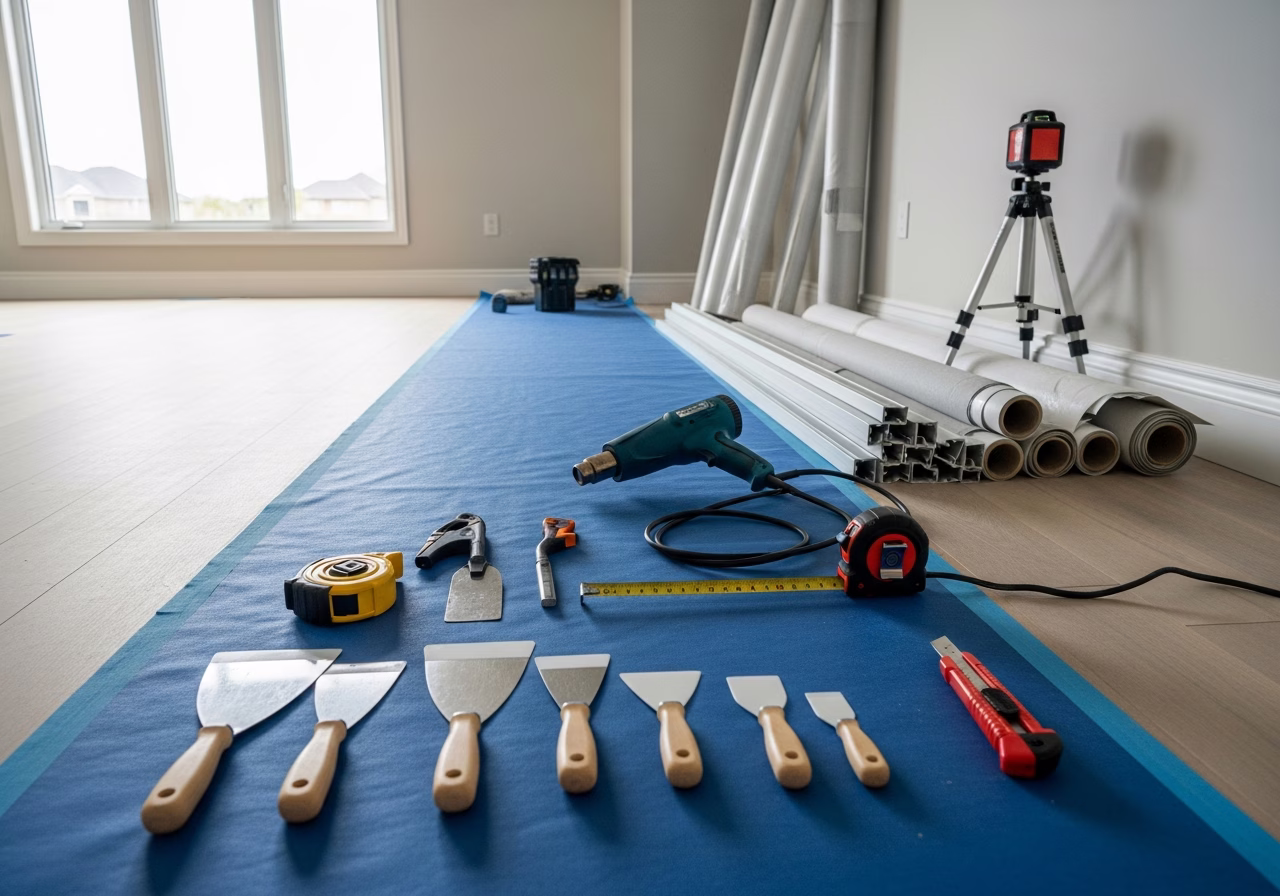 Stretch Ceilings — tools and materials staged in a Greater Toronto Area home