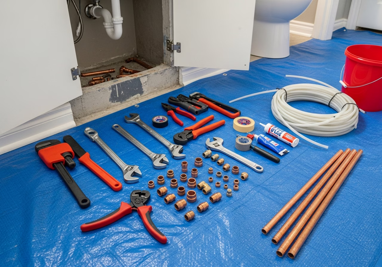 Sump Pump Installation — tools and materials staged in a Greater Toronto Area home