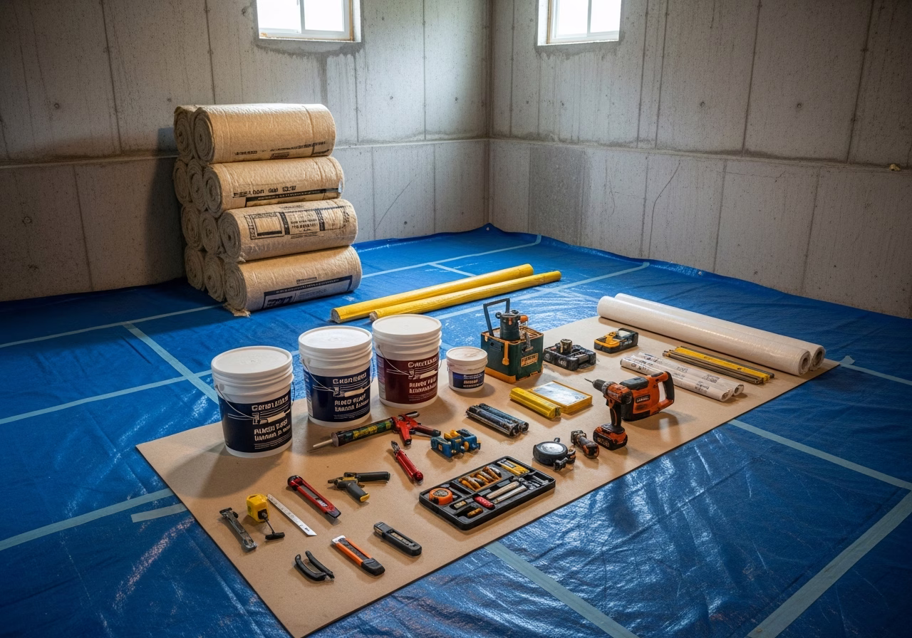 Sump Pump Installation — tools and materials staged in a Greater Toronto Area home