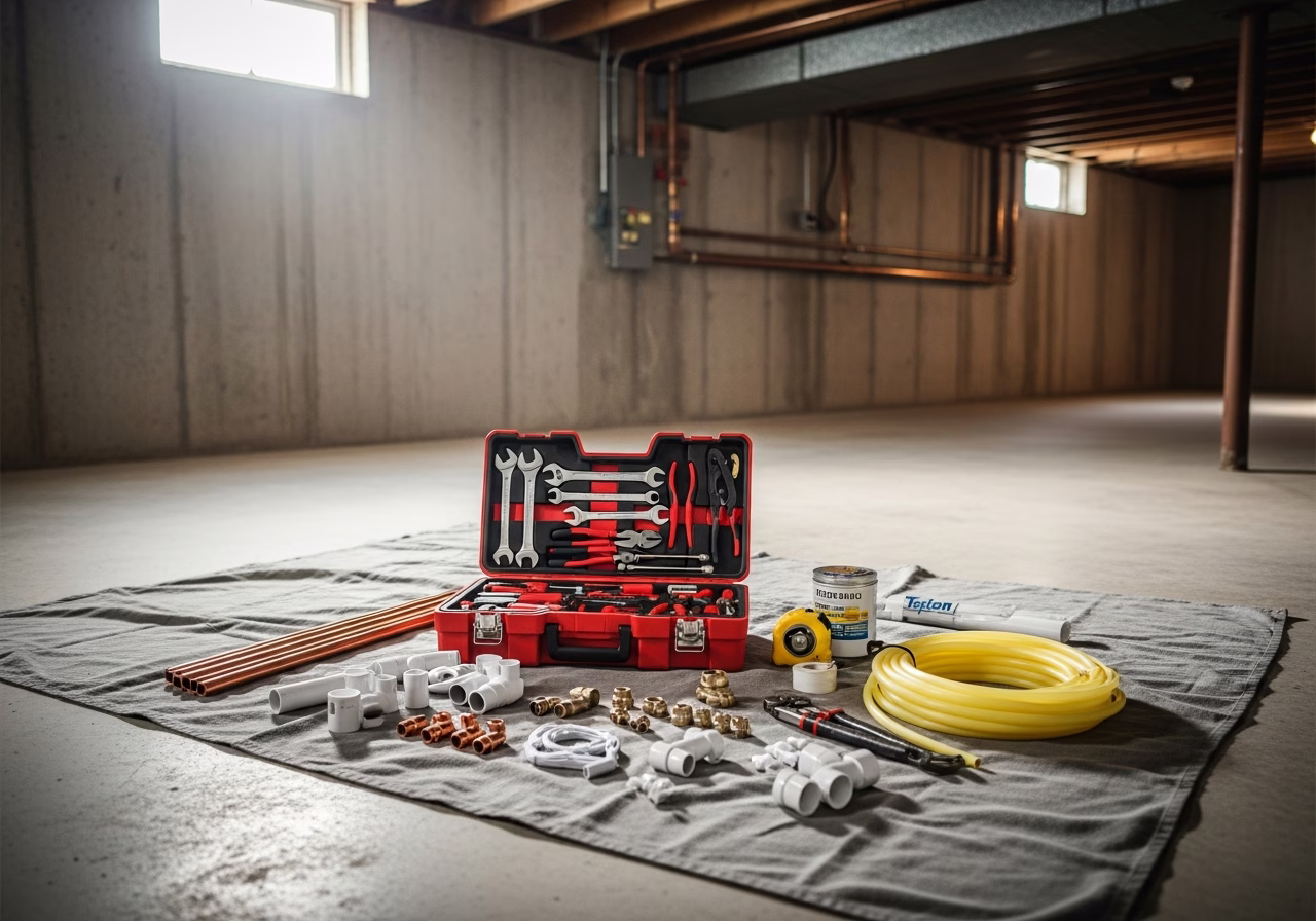 Sump Pump vs Backwater Valve — tools and materials staged in a Greater Toronto Area home
