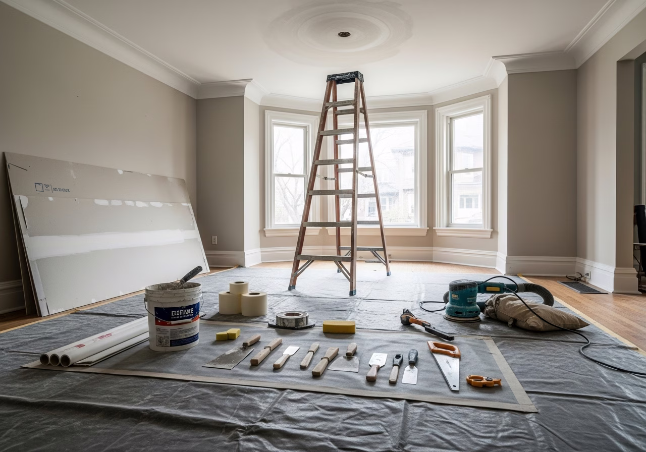 Suspended Ceiling — tools and materials staged in a Greater Toronto Area home