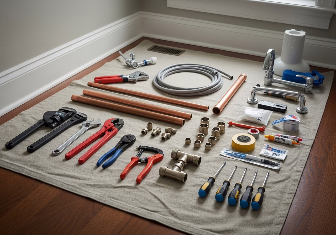 Toilet Installation and Repair โ tools and materials staged in a Greater Toronto Area home